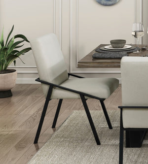 English Elm Modern 5 Piece Dining Set Oak Veneer Table with Cream Upholstered Chairs Black Steel B011S01605