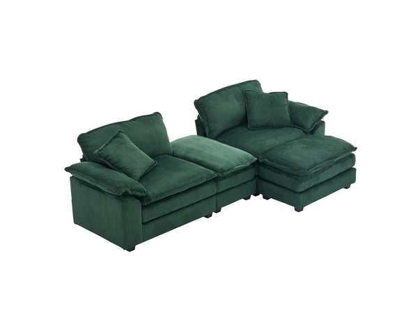 English Elm Corduroy Plush 2-Seat Sofa with 2 Back Cushions, Toss Pillows & Ottomans — Deep Seat Comfort Green W2363S00065