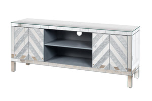 English Elm Mirrored Tv Stand For 65+ Inch Tvs - Glamorous Silver Console With Open Shelves & Stylish Cabinets W1445P204028