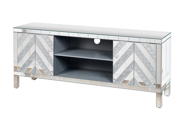 English Elm Mirrored Tv Stand For 65+ Inch Tvs - Glamorous Silver Console With Open Shelves & Stylish Cabinets W1445P204028