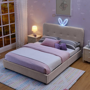 English Elm Full Size Kids Storage Bed Boucle Upholstered Rabbit Ear Headboard with Led Lighting Pink W1413P384923