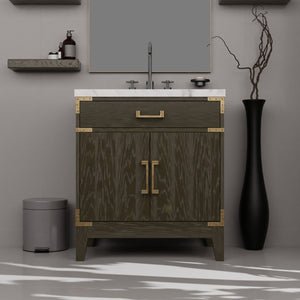 English Elm Brown Oak Single Sink Vanity Set With Carrara Marble Top, Chrome Faucet & 28" Mirror For Elegance B2731S02002