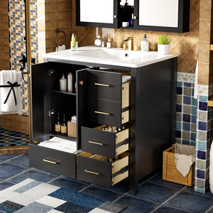 English Elm 30'' Elegant Freestanding Bathroom Vanity With Ceramic Sink, Soft-Close Drawers & Timeless Black Finish N710P194420B
