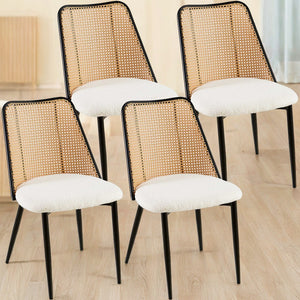 English Elm Off White Rattan Dining Chairs Set Of 4,Boucle Chairs With Natural Cane Back, Upholstered Dining Room Kitchen Chair For Dining Room Kitchen, Living Room