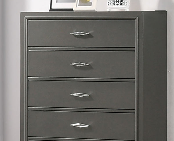 English Elm 1pc Chest with Five Drawers in Soft Gray Sheen, Acrylic Pulls, Sleek Contemporary Storage Tower Metallic Grey 36 L x 19 W x 50 H B2741P368963