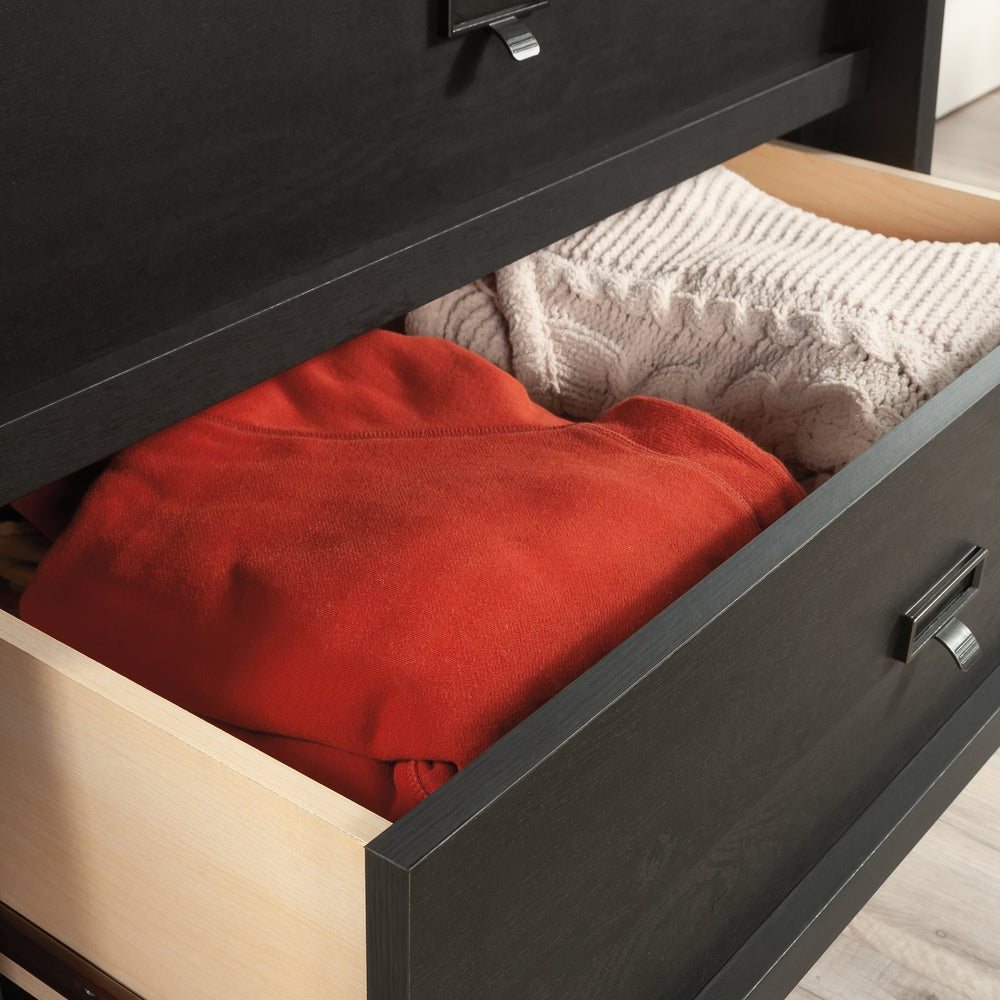 English Elm 4-Drawer Chest In Sleek Black Finish - Modern Farmhouse Storage Solution With Smooth Functionality B356P367864