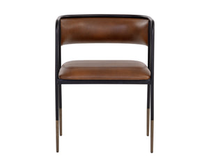 Sunpan Brenan Dining Armchair – Elegant Curved Backrest, Faux Leather Comfort, Black Metal Frame, Unique Craftsmanship Bravo Cognac