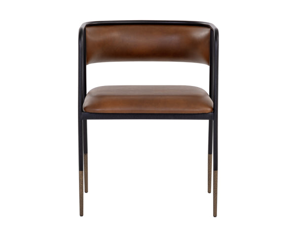 Sunpan Brenan Dining Armchair – Elegant Curved Backrest, Faux Leather Comfort, Black Metal Frame, Unique Craftsmanship Bravo Cognac
