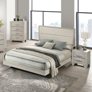English Elm Strout Queen Panel Bed Bouclé Headboard Whitewashed Veneer Floating Rustic Frame B062S01771