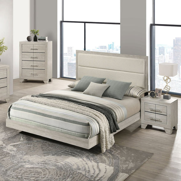 English Elm Strout Queen Panel Bed Bouclé Headboard Whitewashed Veneer Floating Rustic Frame B062S01771