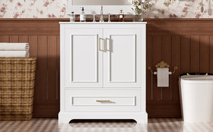 English Elm 30" Modern Bathroom Vanity with Ceramic Sink, Soft-Close Doors, Divided Drawer & Dual Door Shelves White N729P321376K