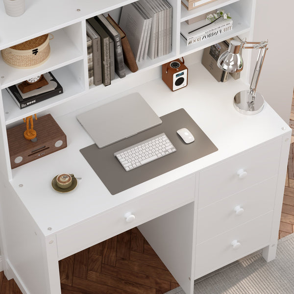 English Elm Vintage 40'' Home Executive Desk Set with Upholstered Chair and Built-In Bookshelf for Stylish Productivity White 44 L x 23 W x 13.5 H N733P272894K
