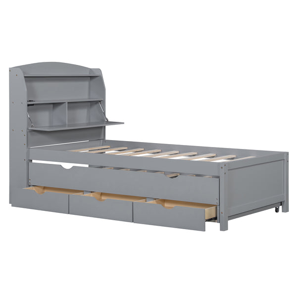 English Elm Twin LED Platform Bed with Trundle and Under-Storage Drawers, Flip-Up Headboard, USB Ports Gray N820S10008E