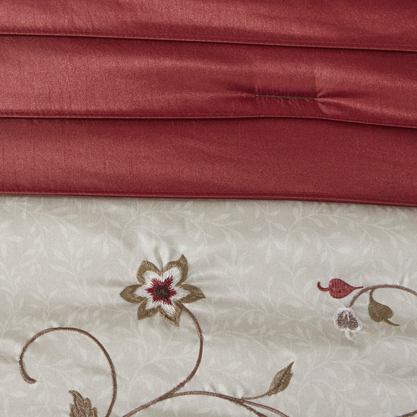 English Elm Embroidered Serene 7-Piece Comforter Set Cal King in Red Chocolate Ivory – Shiny Dupioni, Floral Embroidery, Decorative Pillows B03596928