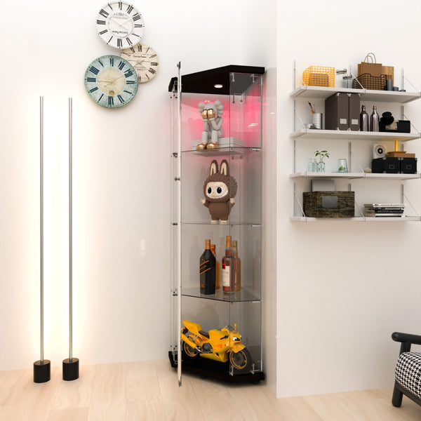 English Elm Glass Pentagon Curio Cabinet Frameless Tempered Shelves Matte Black Living Room Display W1806P476368