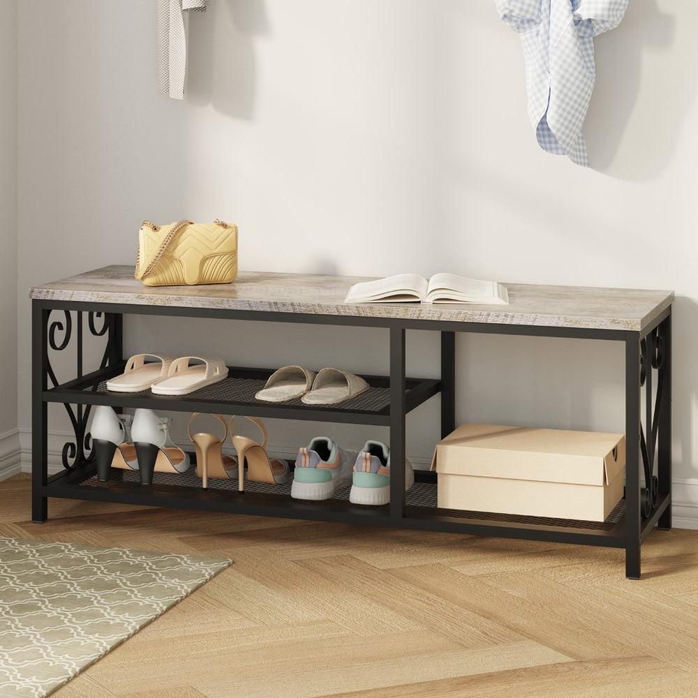 English Elm Vividwood Industrial Entryway Bench Rustic Wood Top Metal Frame Scrollwork Shoe Organizer Gray T5618P505965