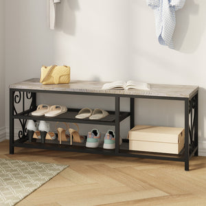 English Elm Vividwood Industrial Entryway Bench Rustic Wood Top Metal Frame Scrollwork Shoe Organizer Gray T5618P505965