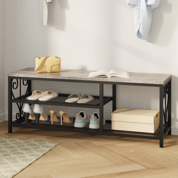 English Elm Vividwood Industrial Entryway Bench Rustic Wood Top Metal Frame Scrollwork Shoe Organizer Gray T5618P505965