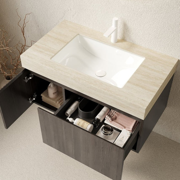 English Elm Muri Floating Bathroom Vanity Sintered Stone Top Espresso Plywood Cabinet Basin W2615S00604