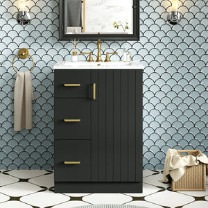 English Elm 24" Modern Bathroom Vanity with Under-Mount Sink, Vertical Stripe Design, 2 Drawers & Soft-Close Cabinet Black N710P288936B