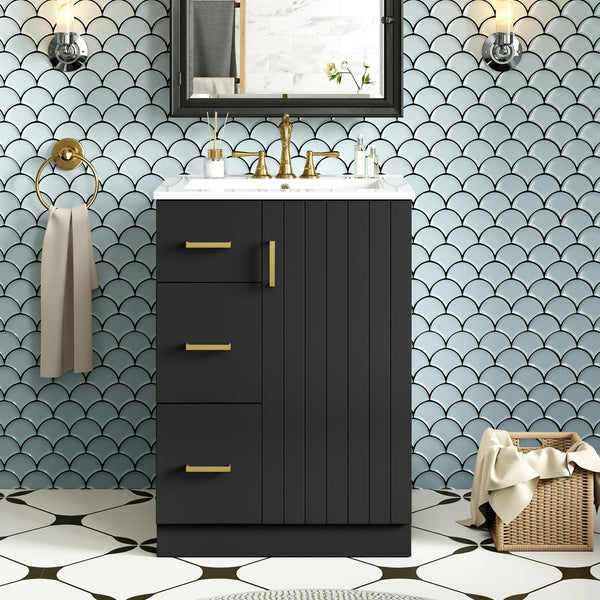 English Elm 24" Modern Bathroom Vanity with Under-Mount Sink, Vertical Stripe Design, 2 Drawers & Soft-Close Cabinet Black N710P288936B
