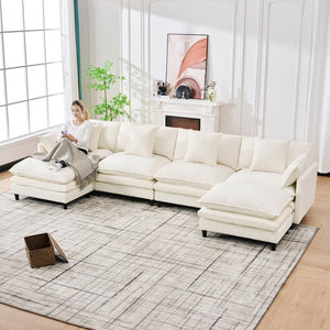 English Elm 140.9-inch U-shaped Modular Sectional Sofa with Ottomans Chenille Cloud Cushions Beige W288S00029