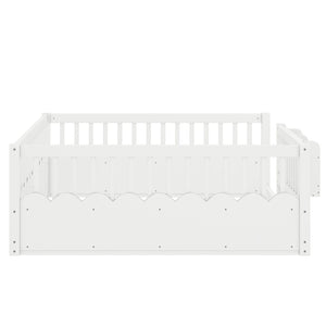 English Elm Queen Low Profile Kids Floor Bed with Guardrails Bookshelf and Pine Wood Frame White W1580P373142