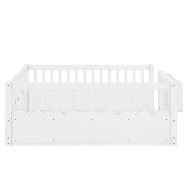 English Elm Queen Low Profile Kids Floor Bed with Guardrails Bookshelf and Pine Wood Frame White W1580P373142