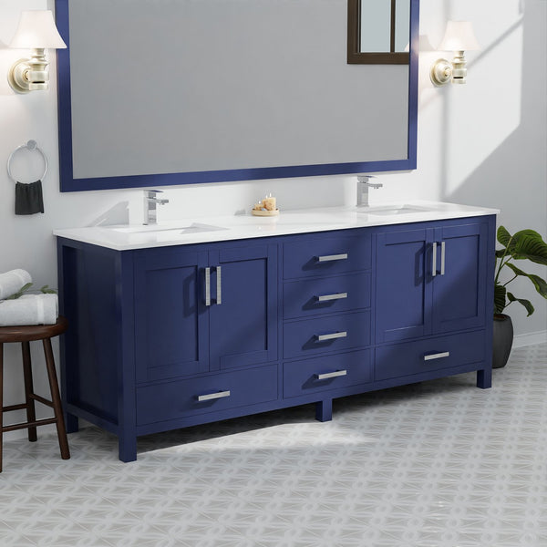 English Elm Navy Double Bath Vanity 84" W x 22" D with White Quartz Top – Solid Wood, Soft-Close, 14 Drawers B2731P258990