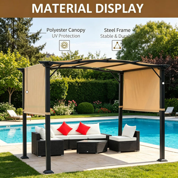 English Elm Backyard European Pergola with Retractable Uv Canopy and Powder Coated Steel Frame T3971S00232