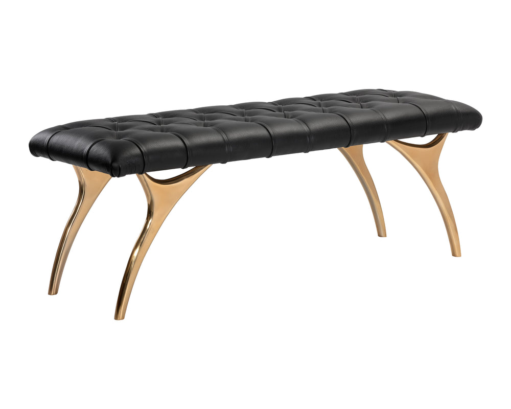 Sunpan Taylen Bench - Elegant Sculptural Design with Gold Aluminum Base and Genuine Leather Tufted Seat Black Leather