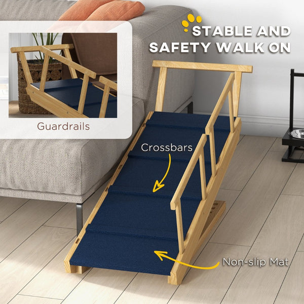 English Elm Adjustable Pine Wood Pet Stairs Foldable Dog Ramp with Guardrails for Safe Climbing T3971P406543