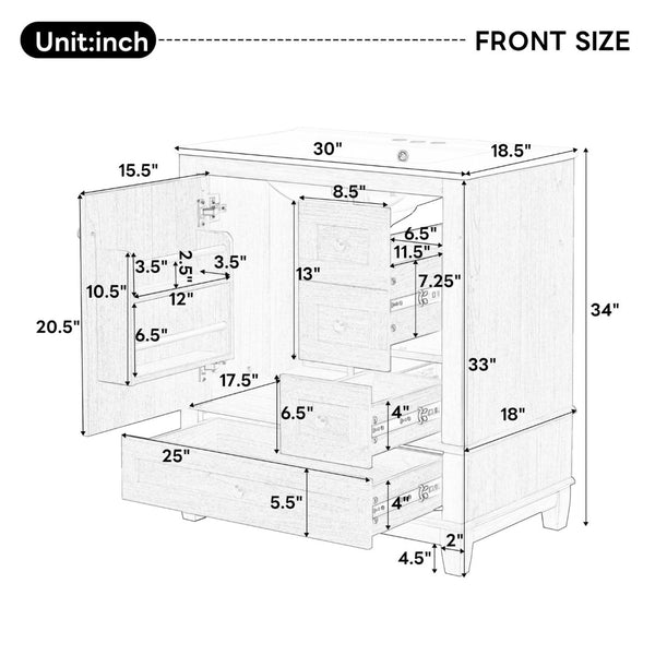 English Elm [video] 30 Inch Freestanding Bathroom Vanity White Mdf Pine Legs Ceramic Sink Soft Close N759P394441N