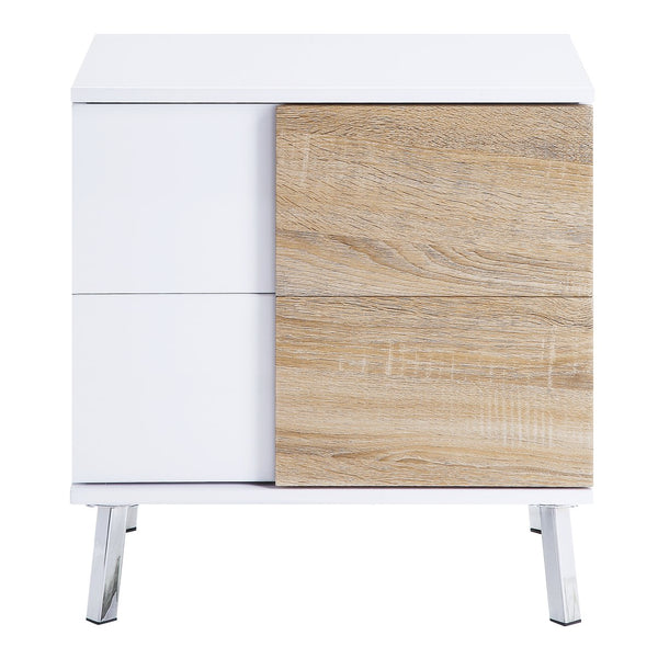 English Elm White White High Gloss and Natural End Table with 2 Drawers, Soft-Close Safety Stops, Modern Chic Storage B062P186486