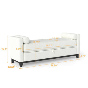 English Elm 66 Inch Sherpa Upholstered Storage Bench with Fluted Wood Base and Bolster Pillows W1658P446122