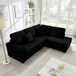 English Elm 93" Sectional Sofa L-Shaped Upholstered Corduroy 3-Seater with Reversible Chaise, Solid Wood Frame, Plush Coil-Foam Cushions Black W1097S00223