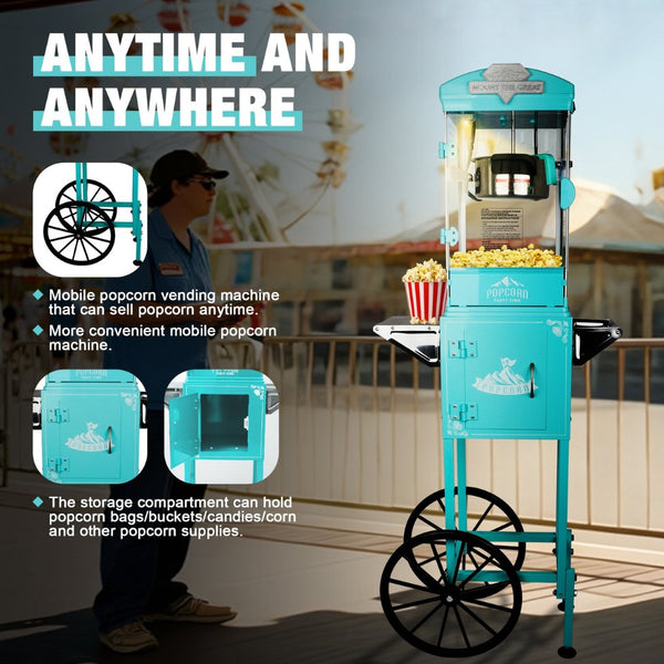 English Elm Popcorn Machine on Wheeled Cart with 10 Oz Kettle for Home Theater Game Room Cyan W2841P342119