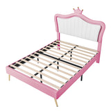 English Elm Full Size Upholstered Bed Frame With Led Lights,Modern Upholstered Princess Bed With Crown Headboard,White+Pink