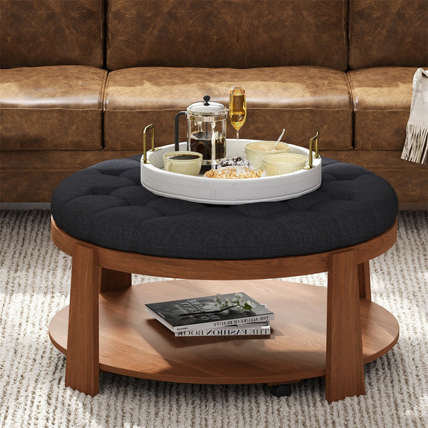 English Elm Modern Round Oversized Ottoman Coffee Table with Button Tufting, Waterproof Linen, Wheels & Lower Wood Shelf for Storage and Seating Black+Brown N735P180224B