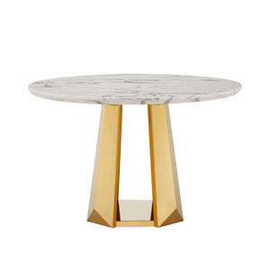 English Elm 47" Round Marble Dining Table - Modern High Gloss Faux Marble Top & Stainless Steel Base For Stylish Spaces W3456S00010