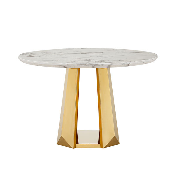 English Elm 47" Round Marble Dining Table - Modern High Gloss Faux Marble Top & Stainless Steel Base For Stylish Spaces W3456S00010