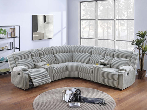 English Elm Sectional Plush Corduroy Reclining 3-Piece Sofa with Dual Consoles and Cup Holders, Seats Five Grey Ash 31 L x 26 W x 66 H B011S01737
