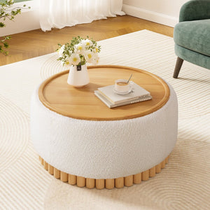 English Elm 29" Round Boucle Storage Ottoman Sculptural Wood Base Reversible Lid Living Room Beige N723P405304A