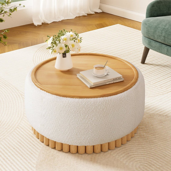 English Elm 29" Round Boucle Storage Ottoman Sculptural Wood Base Reversible Lid Living Room Beige N723P405304A