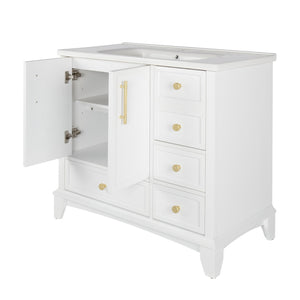 English Elm 35.6" Freestanding Bathroom Vanity with Roman Column Base and Ceramic Integrated Sink White W1801S00003