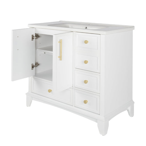 English Elm 35.6" Freestanding Bathroom Vanity with Roman Column Base and Ceramic Integrated Sink White W1801S00003