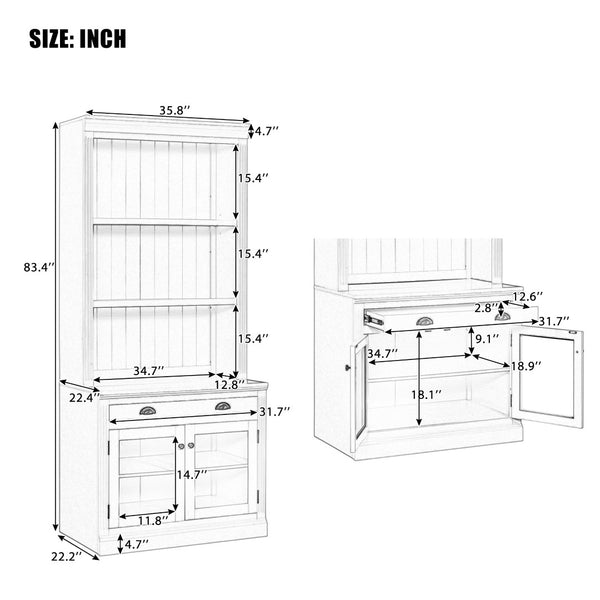 English Elm 83.4"tall Bookcase with Led Shelves Sliding Doors Open Storage Modern White N751S379857K