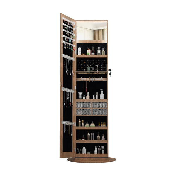 English Elm 360°swivel Jewelry Armoire with Led Interior Full Length Mirror Walnut Finish W3406P422682
