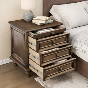 English Elm Farmhouse Nightstand Pine Wood Four Drawer Storage with Pull Out Tray Gourd Legs Walnut Brown W1716P399634