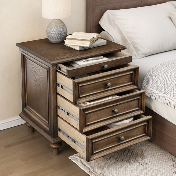 English Elm Farmhouse Nightstand Pine Wood Four Drawer Storage with Pull Out Tray Gourd Legs Walnut Brown W1716P399634